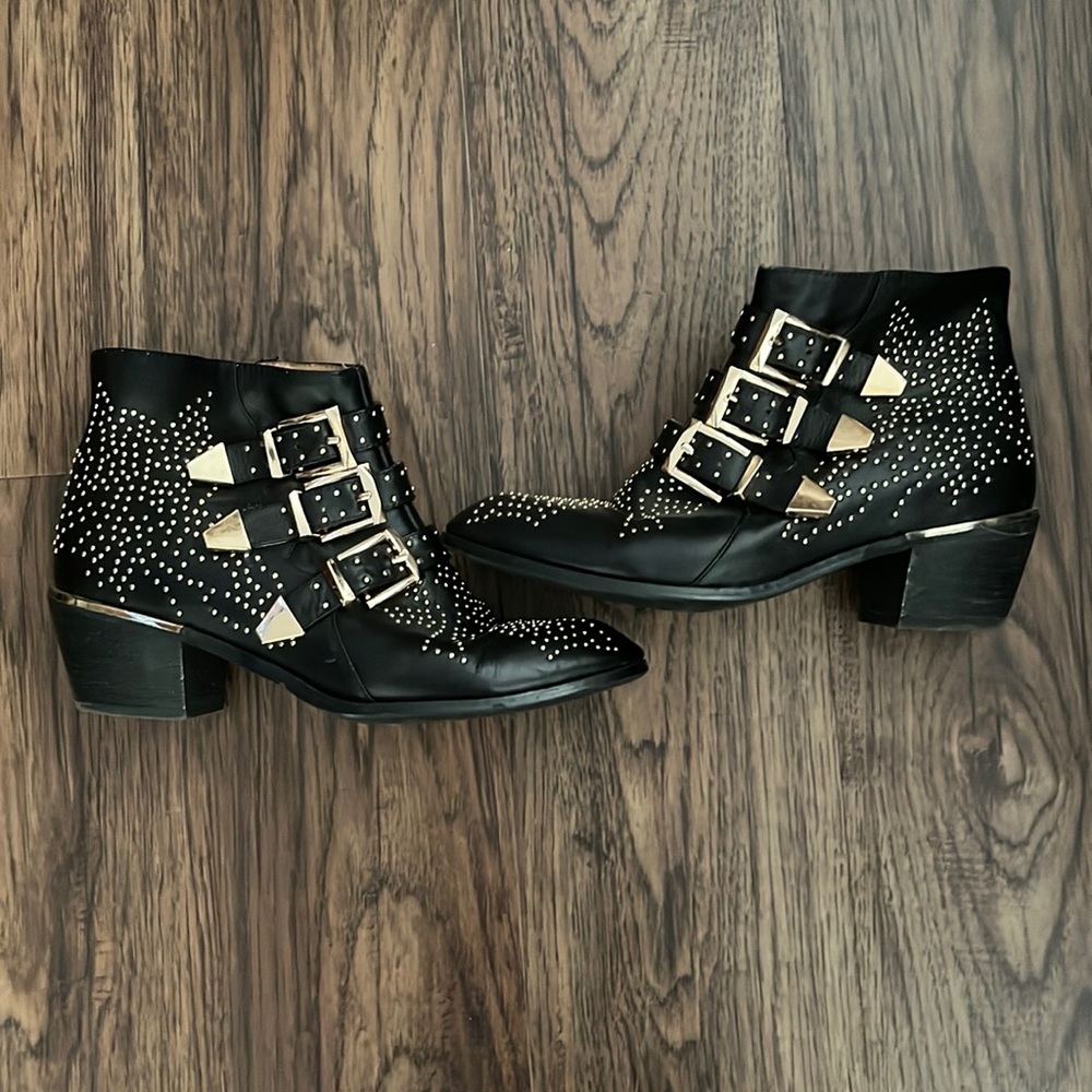 Studded Black Ankle Booties with Buckle Straps